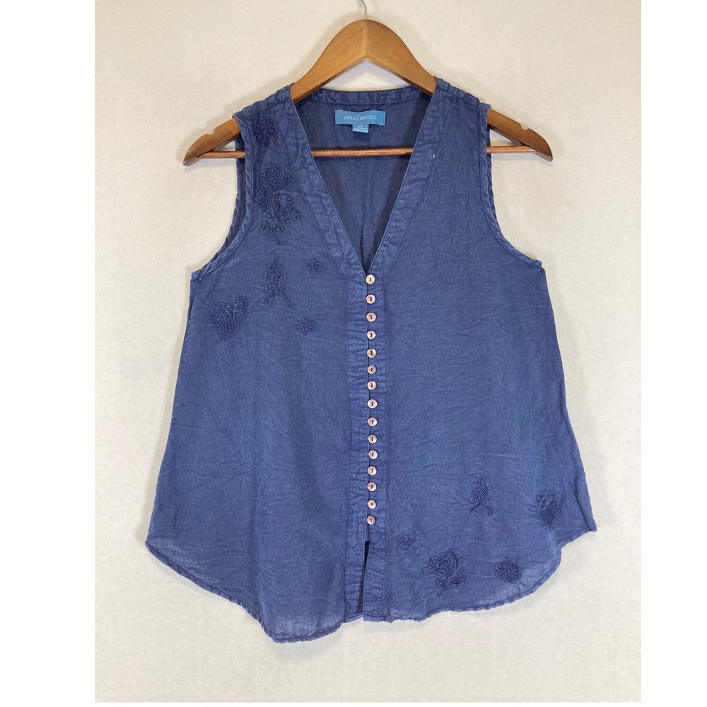 Cottagecore April Cornell Women‎ XS Blue Linen Blend Embroidered Slvless Blouse